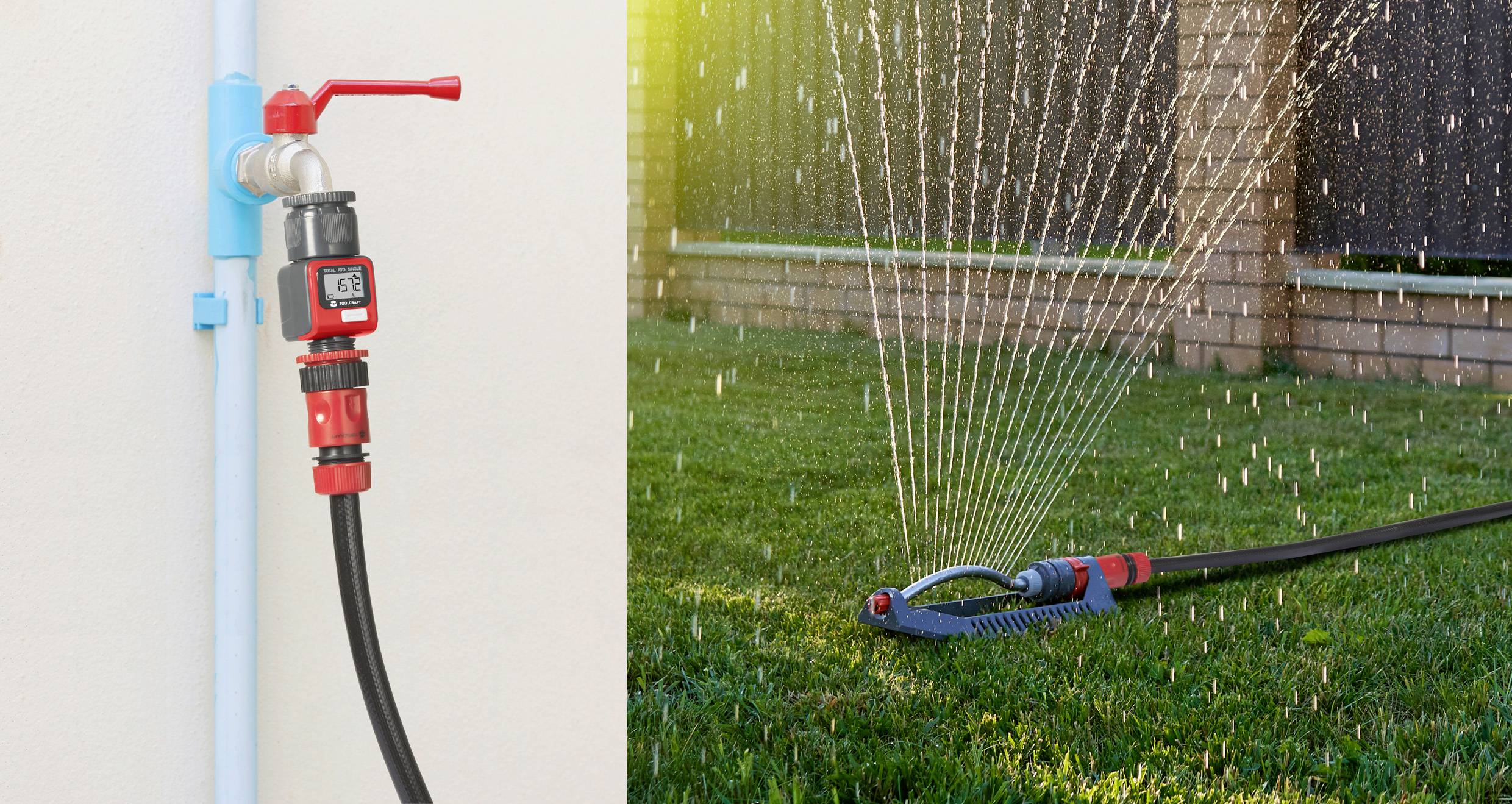 De afbeelding toont een irrigatiesysteem in gebruik: een waterkraan met tuinslang en een sproeier die het gazon water geeft.