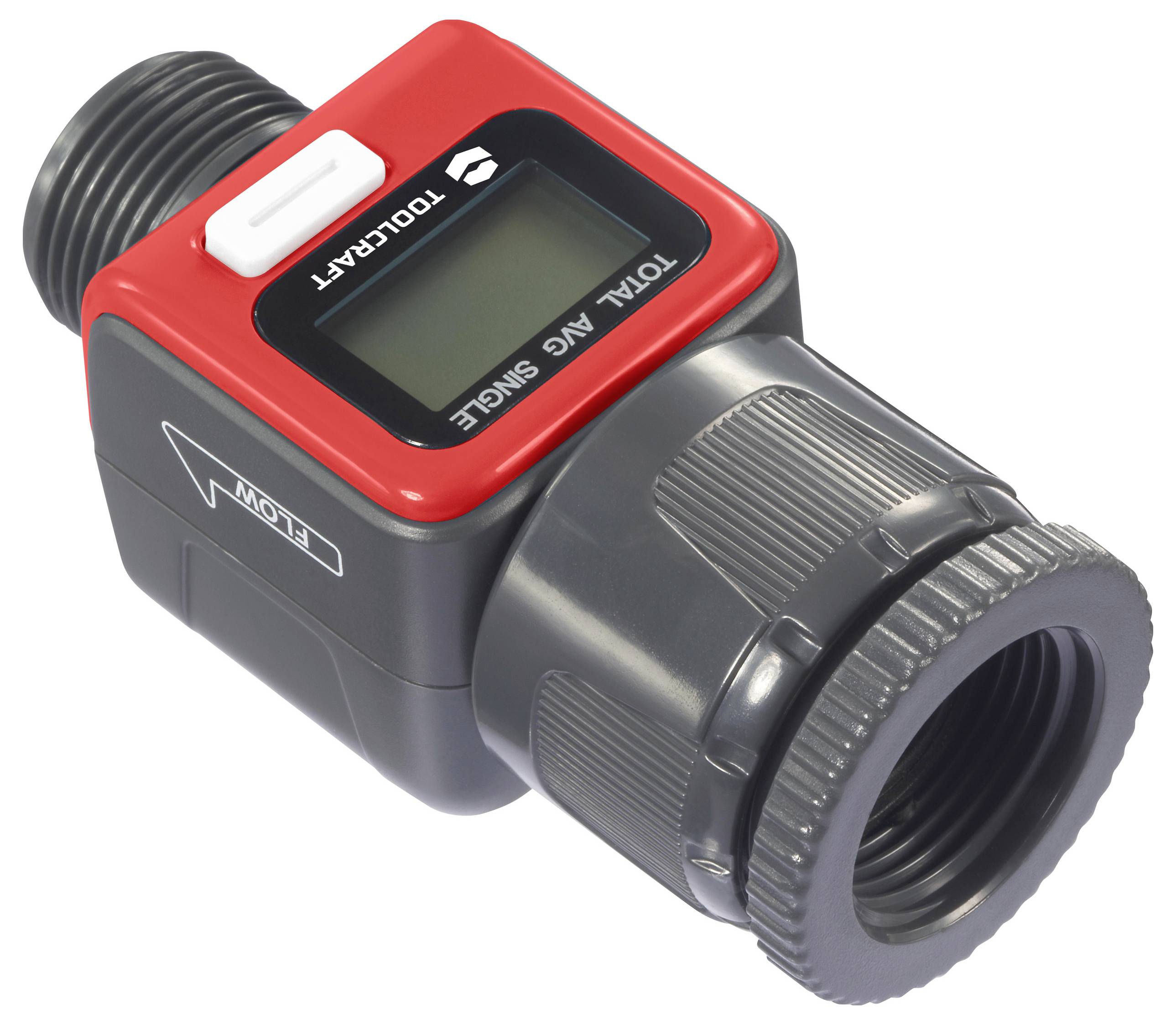 Watermeter met digitaal display voor het meten van waterdoorstroming. Behuizing in rood en zwart met aansluitingen aan beide uiteinden.