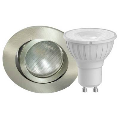 Inbouwspots en LED-spot met GU10-fitting. De spot heeft een geborstelde metalen oppervlak, de andere is wit.