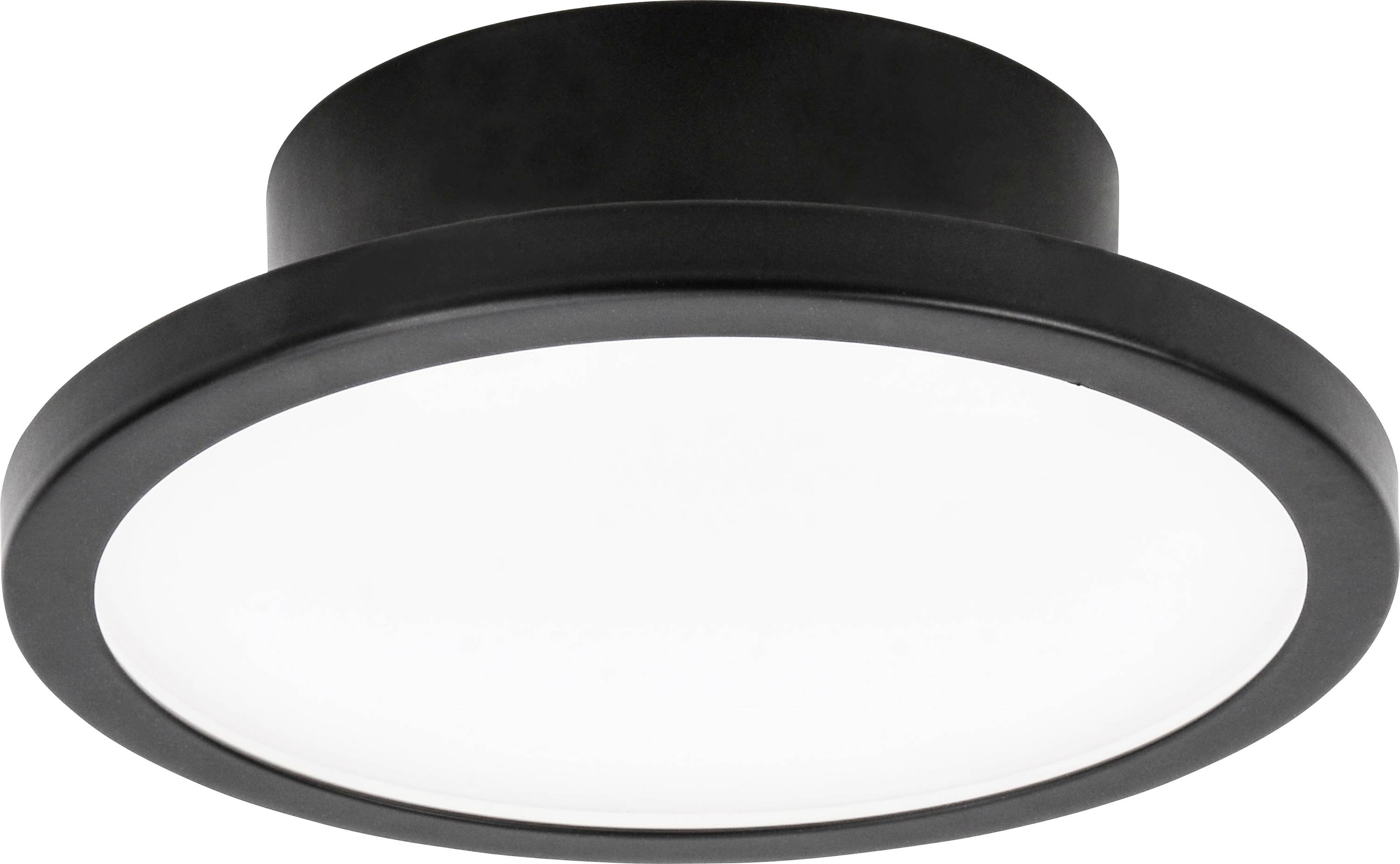 Een ronde, zwarte plafondlamp met wit verlichtingselement, modern ontwerp. Ideaal voor woonruimtes met een strak, elegant karakter.