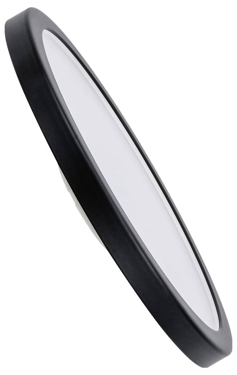 Platte, ronde LED-lamp met zwarte rand en witte diffuser, getoond in zijaanzicht. Ideaal voor moderne interieurs.