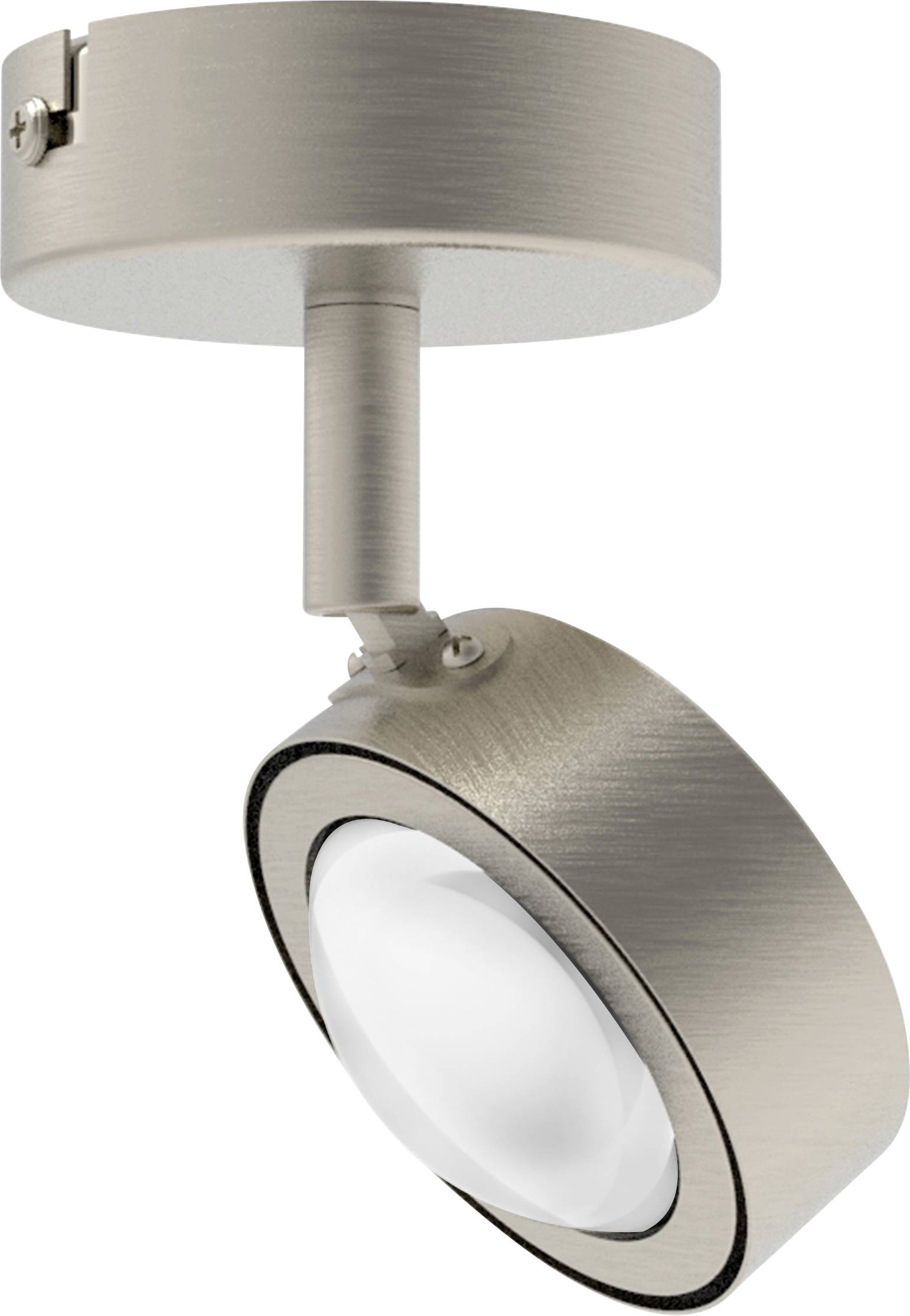 Enkele zilveren plafondlamp met een rond, draaibaar spotje en een matte afwerking. Geschikt voor modern interieurdesign.