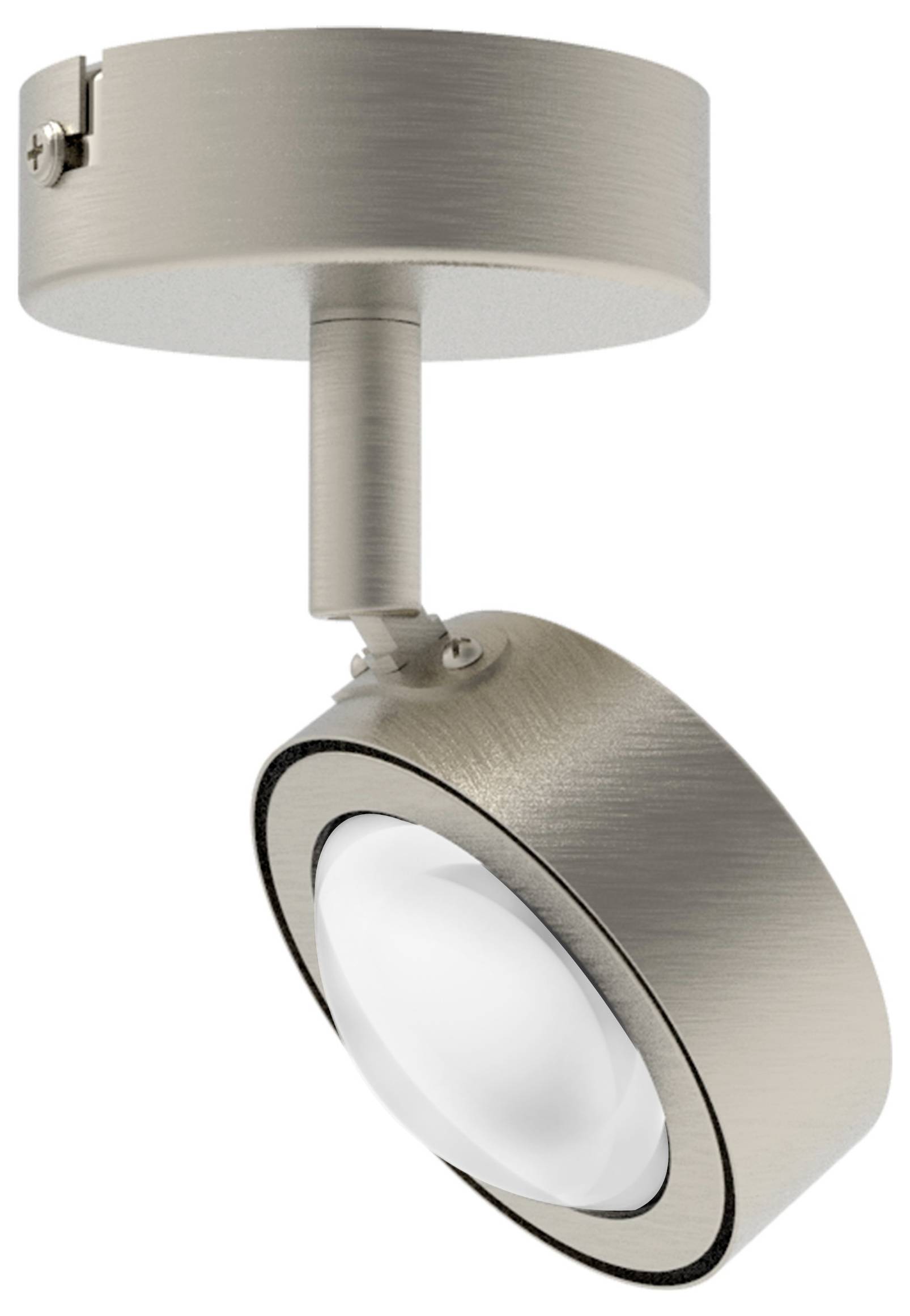 Zilveren, ronde plafondspot met kantelbare kop, geschikt voor gerichte verlichting in moderne interieurs.