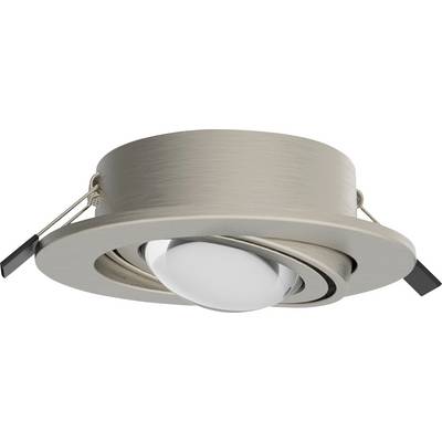 Een ronde, zilveren, verstelbare inbouwspot met led-lamp, geschikt voor plafondmontage. Bevat klemmen voor bevestiging.