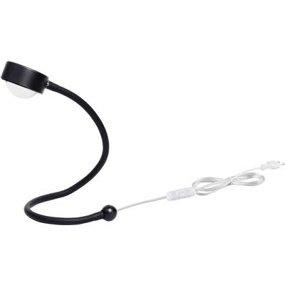 Zwarte, flexibele leeslamp met een rond hoofd en transparante kabel, afgebeeld op een witte achtergrond.