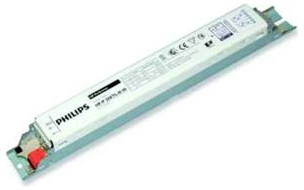 Een langwerpig, rechthoekig elektronisch voorschakelapparaat van het merk Philips, gebruikt voor TL- of LED-lampen.
