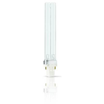 Een compacte tl-lamp met twee lange, parallelle buizen en een witte voet, staand op een reflecterende ondergrond.