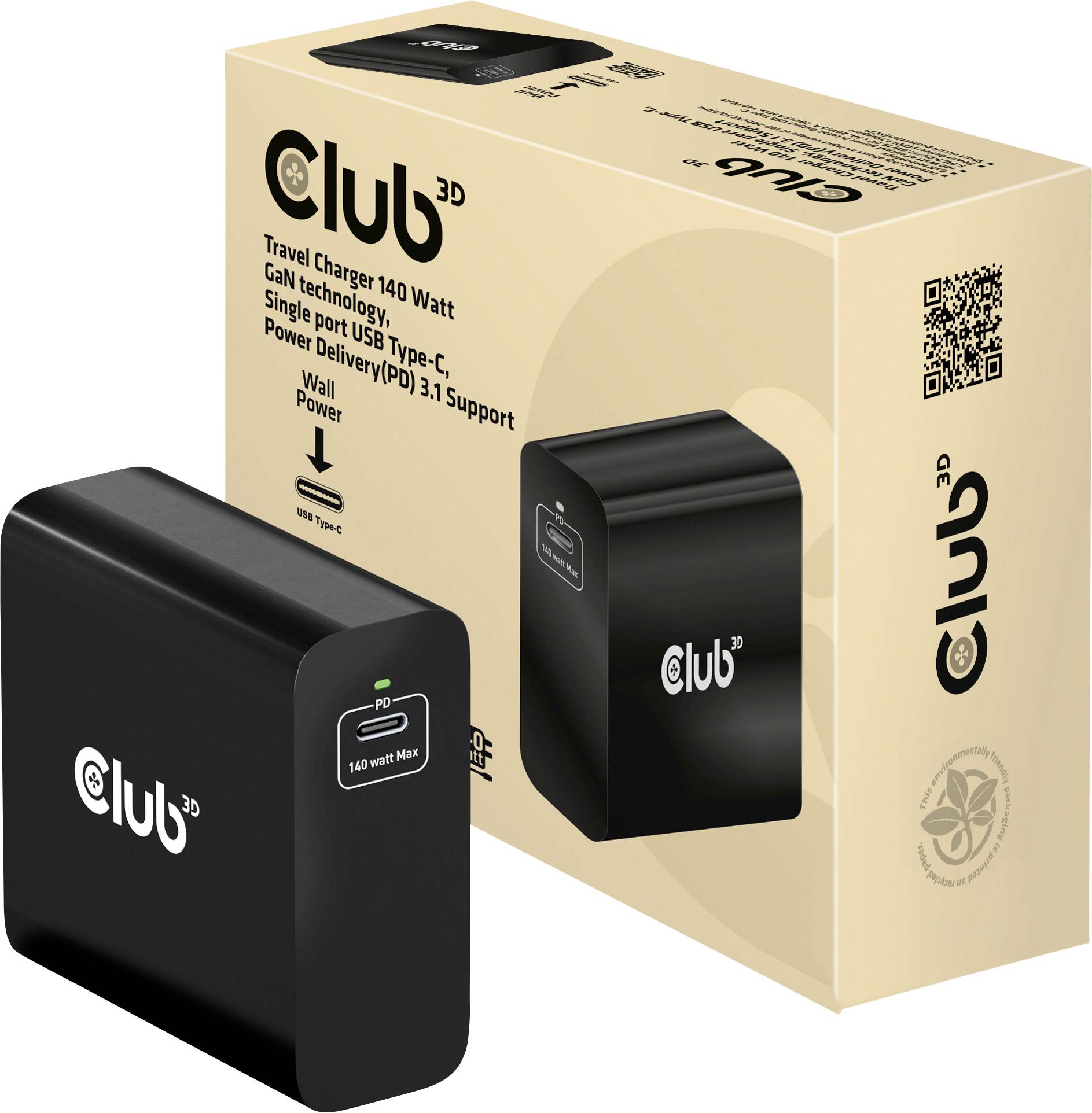 Een zwart 140-Watt USB-oplader van Club 3D met verpakking, geschikt voor reizen; ondersteunt USB-C en Power Delivery 3.1.