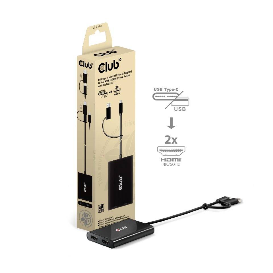 club3D USB-C Adapter [1x USB-A-stekker, USB-C stekker - 1x HDMI-stekker, DisplayPort stekker] Club 3D - Videoadapter - 2-2