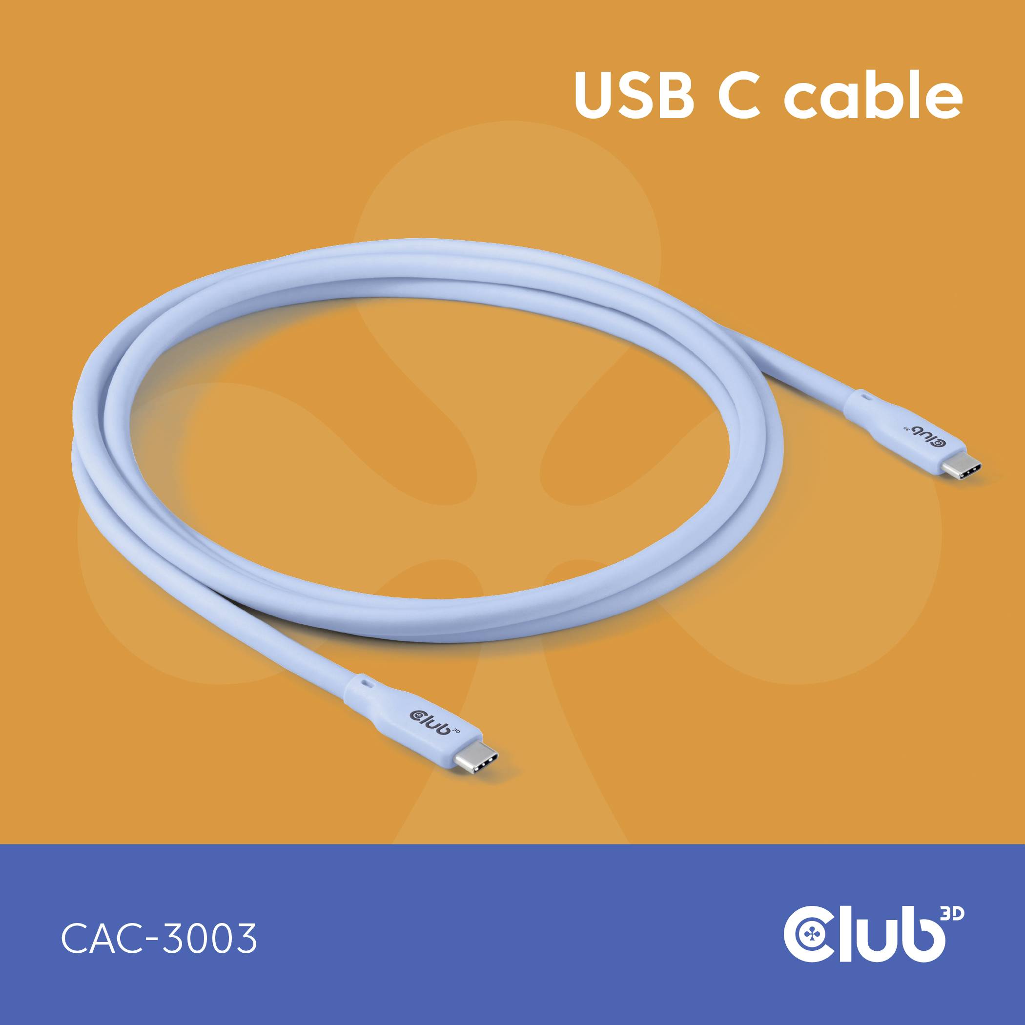 Wit USB-C-kabel op een oranje achtergrond, met de tekst 'USB C cable', merknaam 'Club3D' en modelnummer 'CAC-3003'.