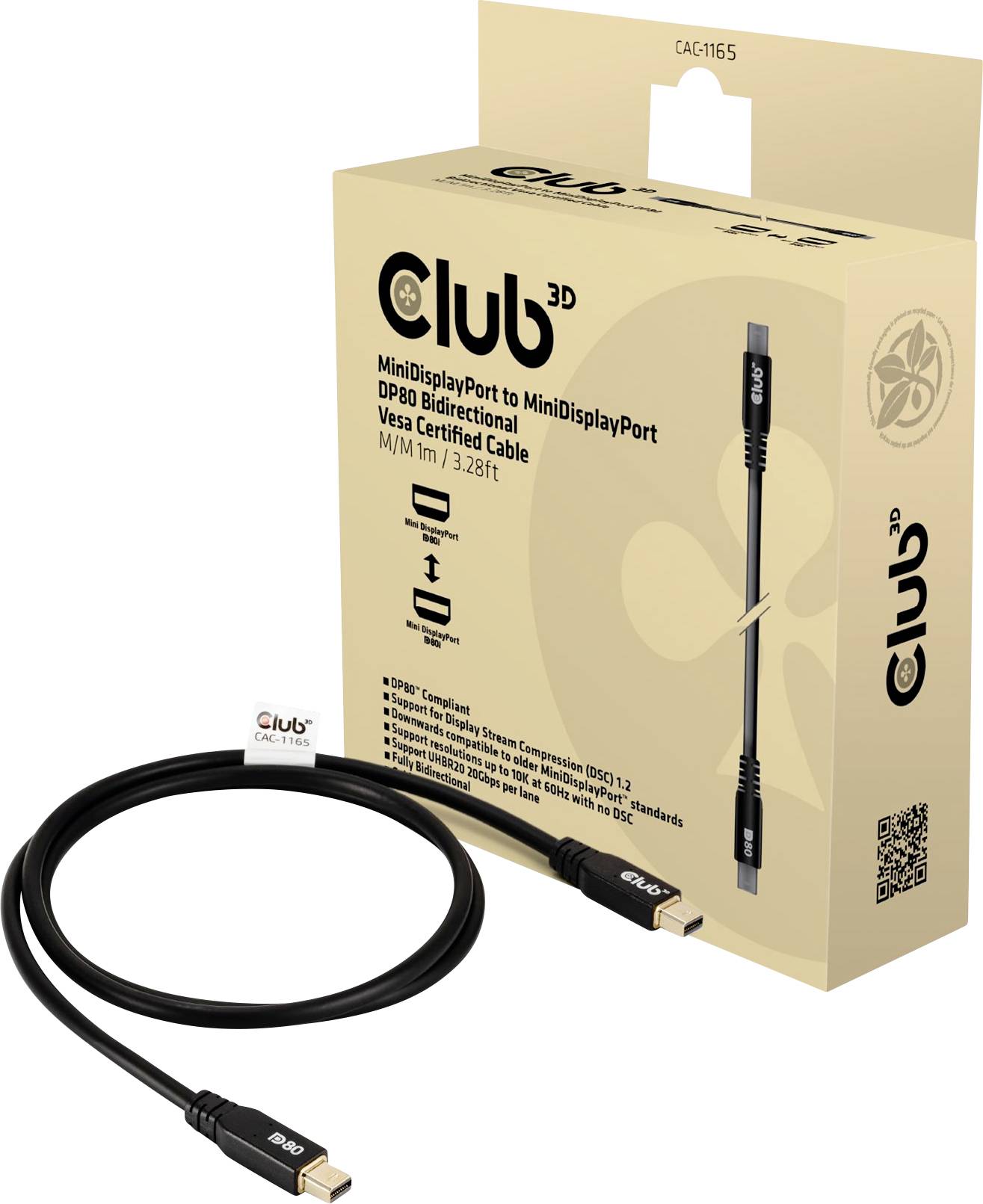 'Club 3D Mini DisplayPort naar Mini DisplayPort kabel, bidirectioneel, 1m. Ondersteunt DP8K 8K resolutie, HBR3, DSC 1.2, HDR.'