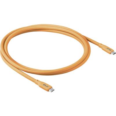 Een oranje USB-kabel met USB-C-aansluitingen aan beide zijden, liggend in een lussen vorm.