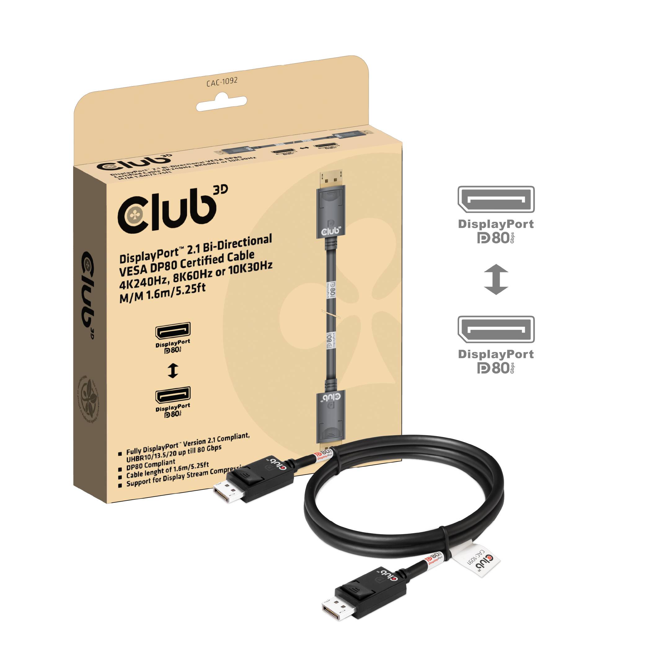 club3D CAC-1092 DisplayPort-kabel DisplayPort Aansluitkabel DisplayPort-stekker 1.6 m Zwart-1