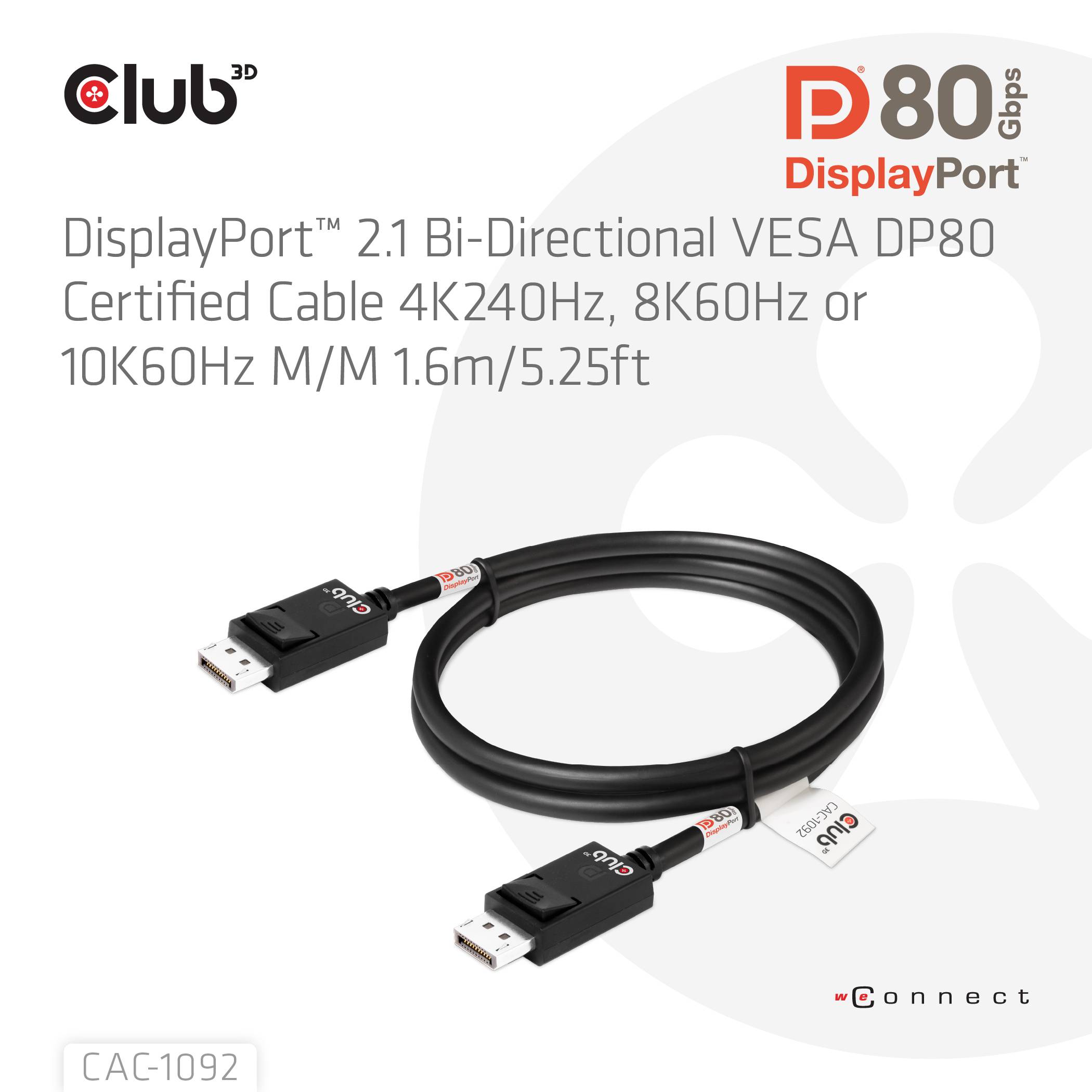 Club3D CAC-1093 DisplayPort ™ 2.1 DP54™ VESA® gecertificeerde kabel 8K120Hz 3 m