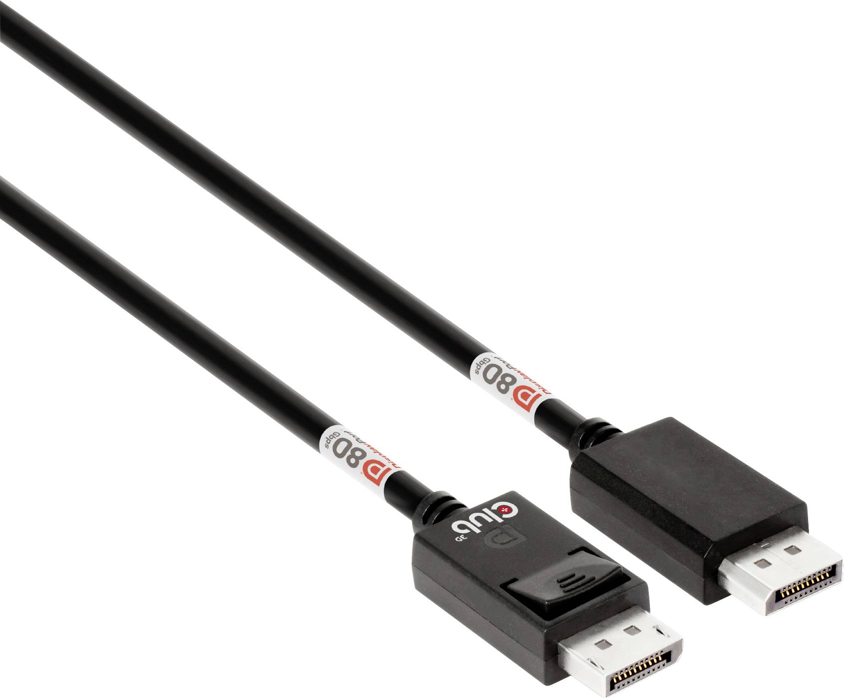 Twee zwarte DisplayPort-kabels met aansluitingen. De linker kabel toont het 'Club 3D'-logo, geschikt voor hoogresolutieve videoverbindingen.