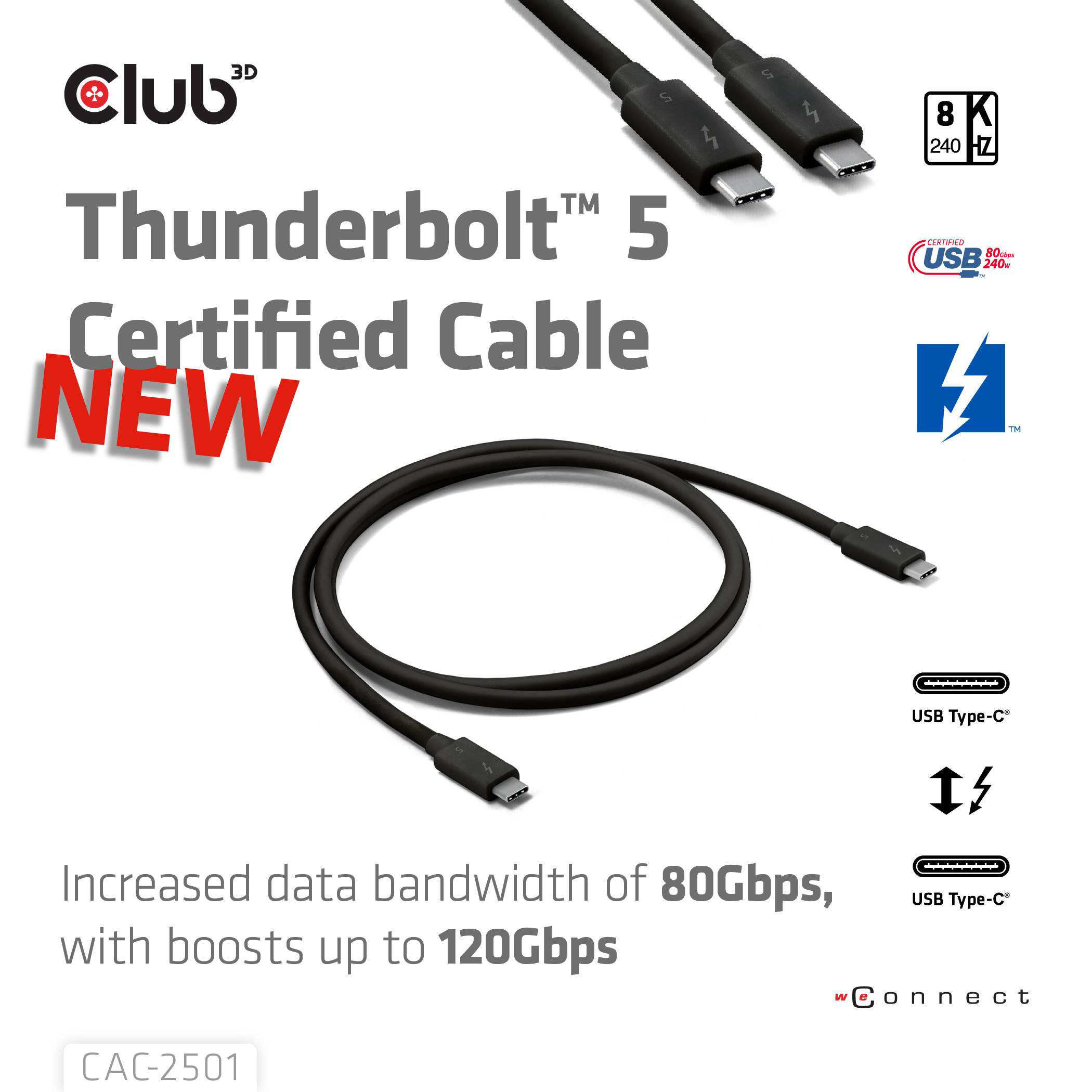 club3D CAC-2501 Thunderbolt-kabel Thunderbolt 5 Thunderbolt (USB-C) stekker 1.00 m Zwart Halogeenvrij-1