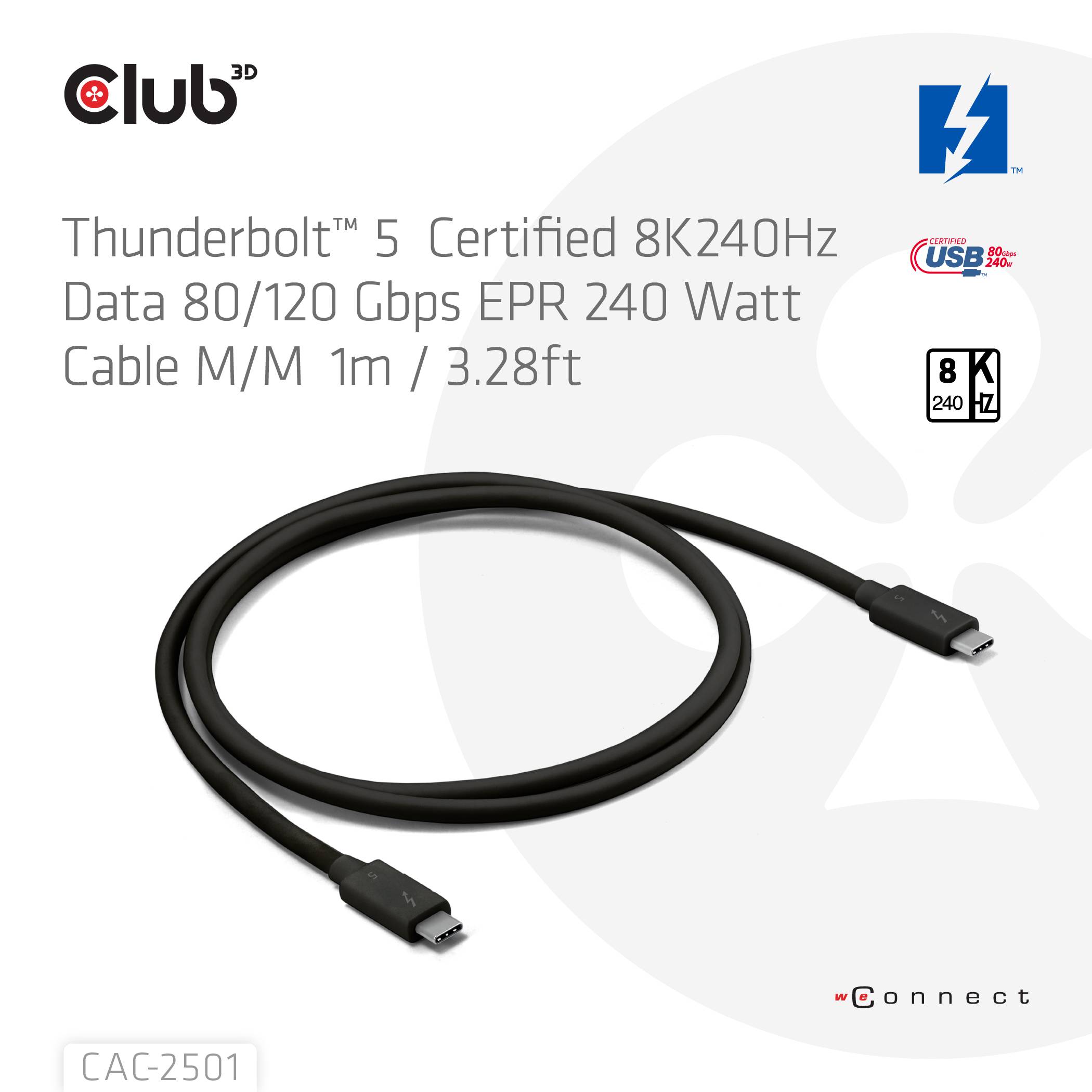 club3D CAC-2501 Thunderbolt-kabel Thunderbolt 5 Thunderbolt (USB-C) stekker 1.00 m Zwart Halogeenvrij-2