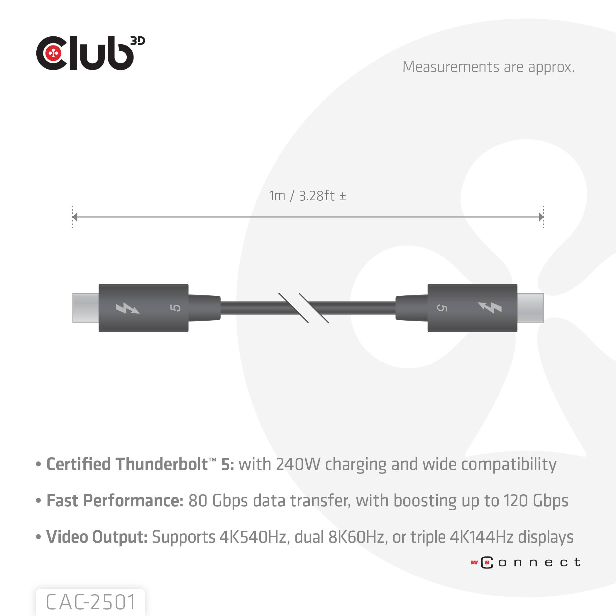 club3D CAC-2501 Thunderbolt-kabel Thunderbolt 5 Thunderbolt (USB-C) stekker 1.00 m Zwart Halogeenvrij-3
