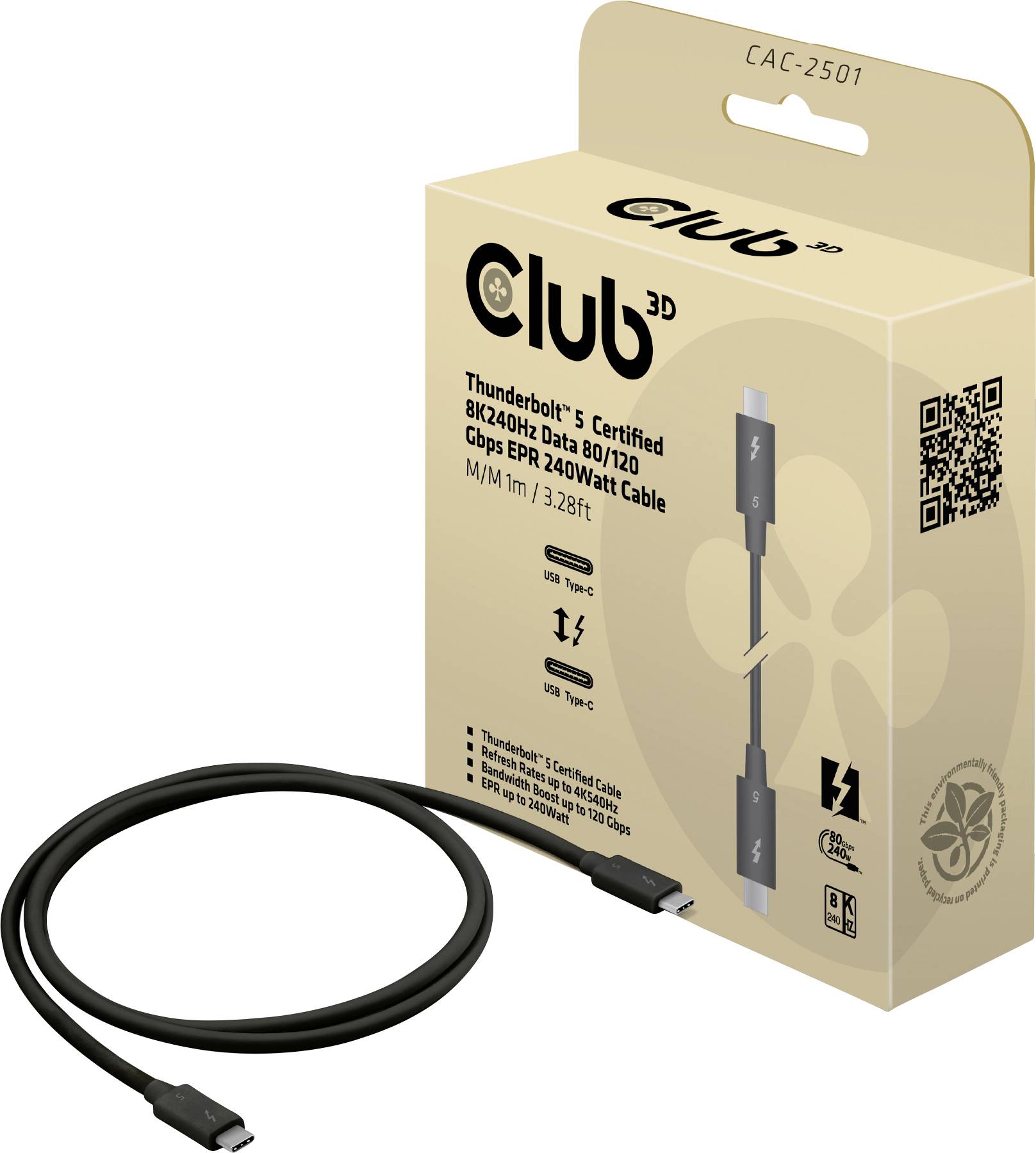 Verpakking van een Club 3D Thunderbolt 4 kabel, met 8K ondersteuning, 1 meter lang. Kabel links ernaast, USB-C aansluiting zichtbaar.