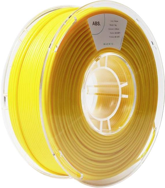 Spoel met geel ABS-filament voor 3D-printer, transparante kunststof verpakking met etiket bovenaan, toont filamenttype en gewicht.