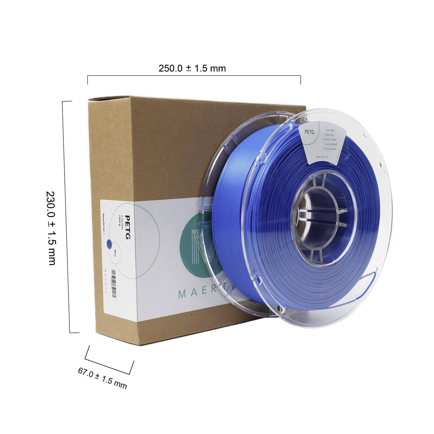 Een blauwe PETG-filamentrol voor 3D-printers voor een bruine kartonnen doos. Afmetingen: 250 x 230 x 67 mm.