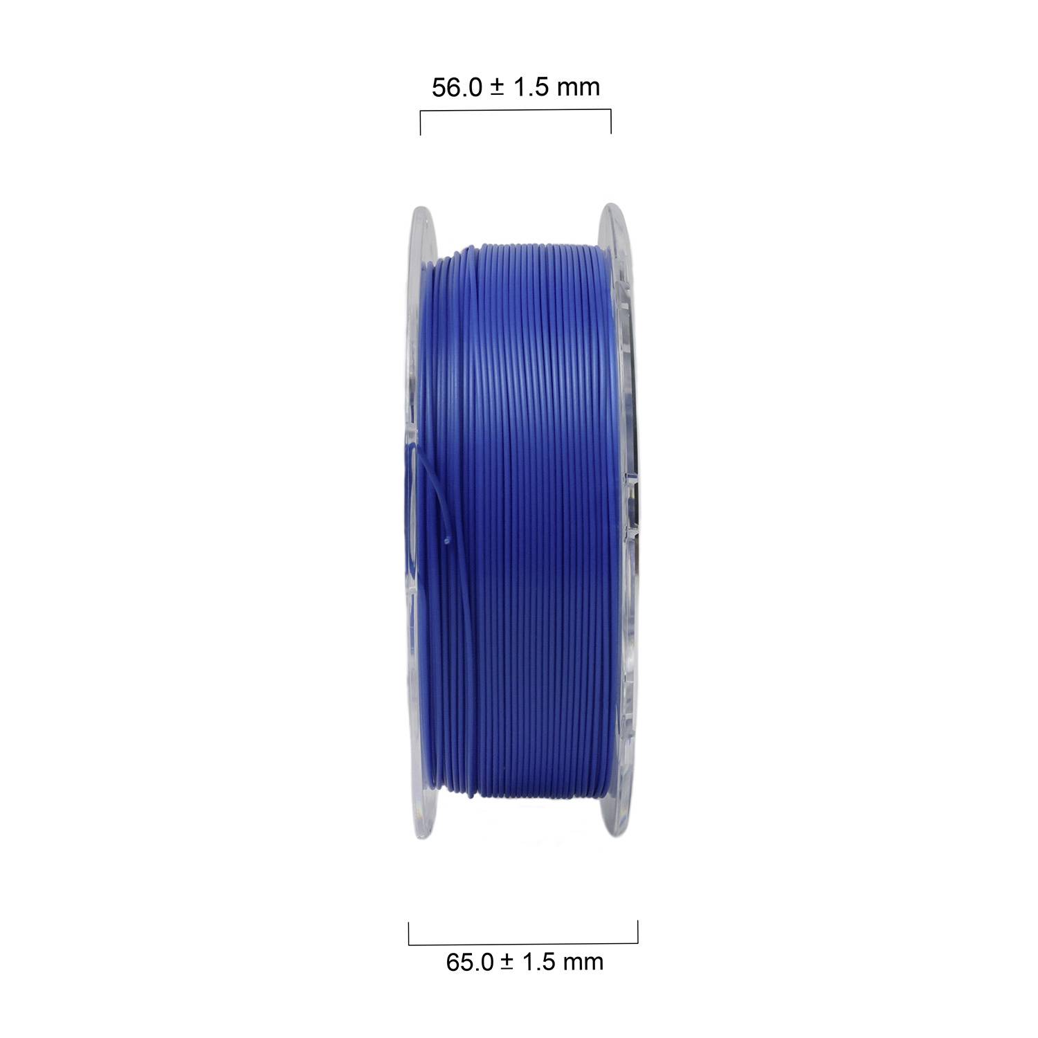 Een spoel met blauw filament, verticaal weergegeven. De aangegeven afmetingen zijn 56,0 ± 1,5 mm in hoogte en 65,0 ± 1,5 mm in diameter.