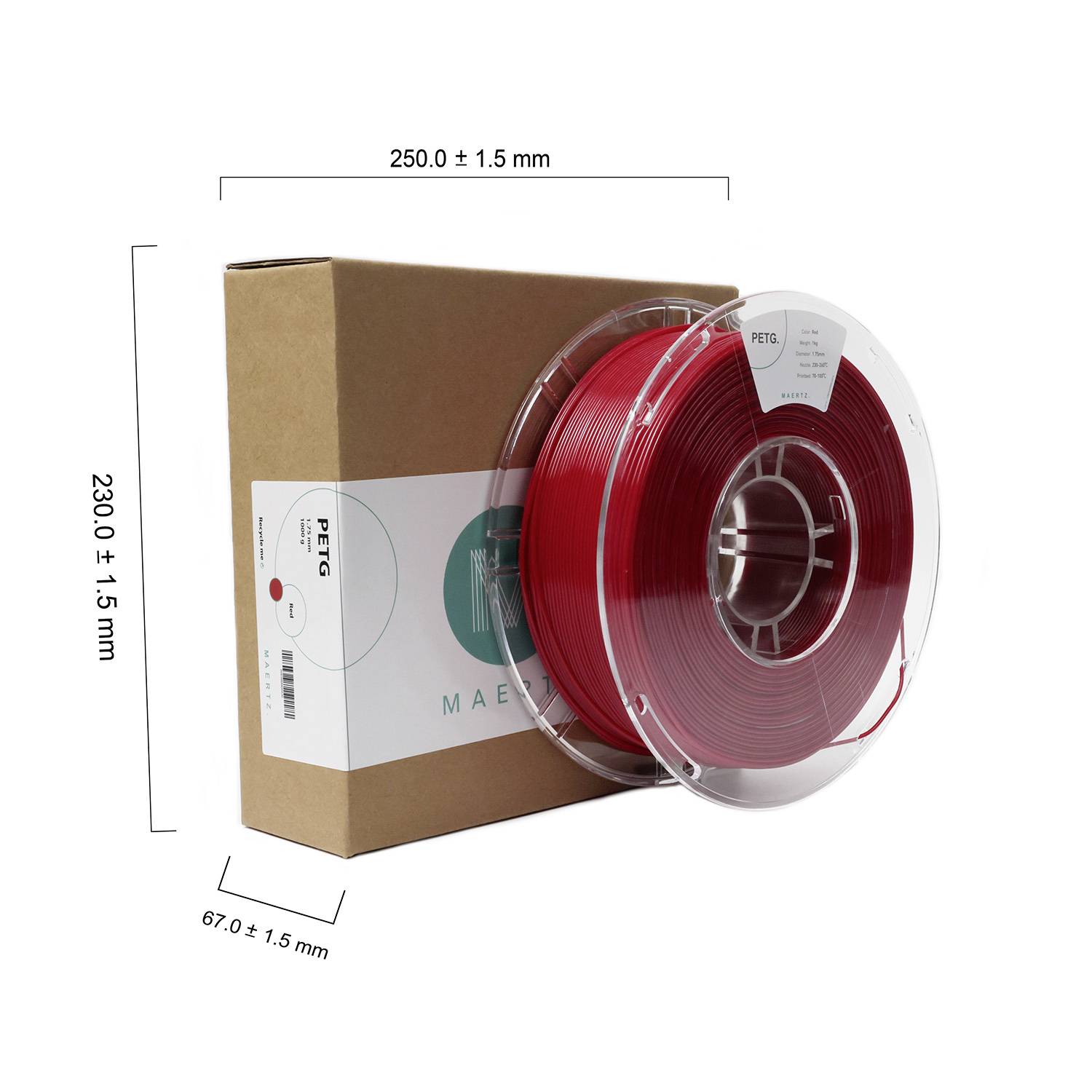 Een spoel met rood PETG-filament in een verpakking. Afmetingen: hoogte 230 mm, breedte 67 mm, lengte 250 mm.