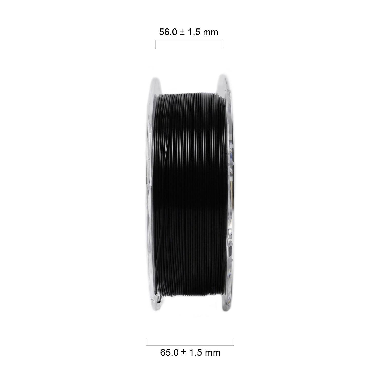 Spoel met zwart filament, zijaanzicht. Boven: Diameter 56,0 ± 1,5 mm. Onder: Breedte 65,0 ± 1,5 mm.