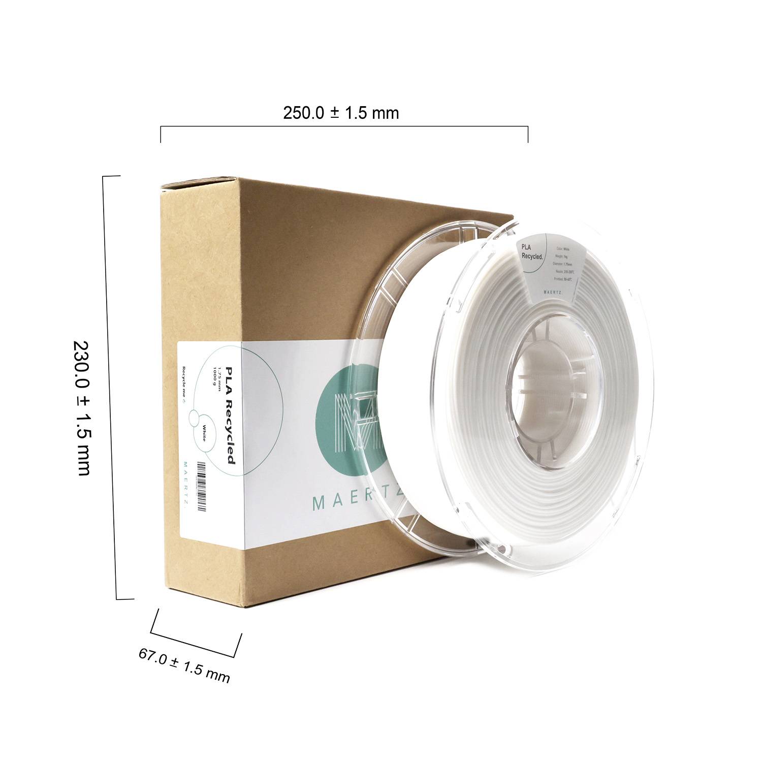 Filamentrol en kartonnen doos met Maertz-logo. Afmetingen: 250 x 230 x 67 mm. Product van gerecycled materiaal.