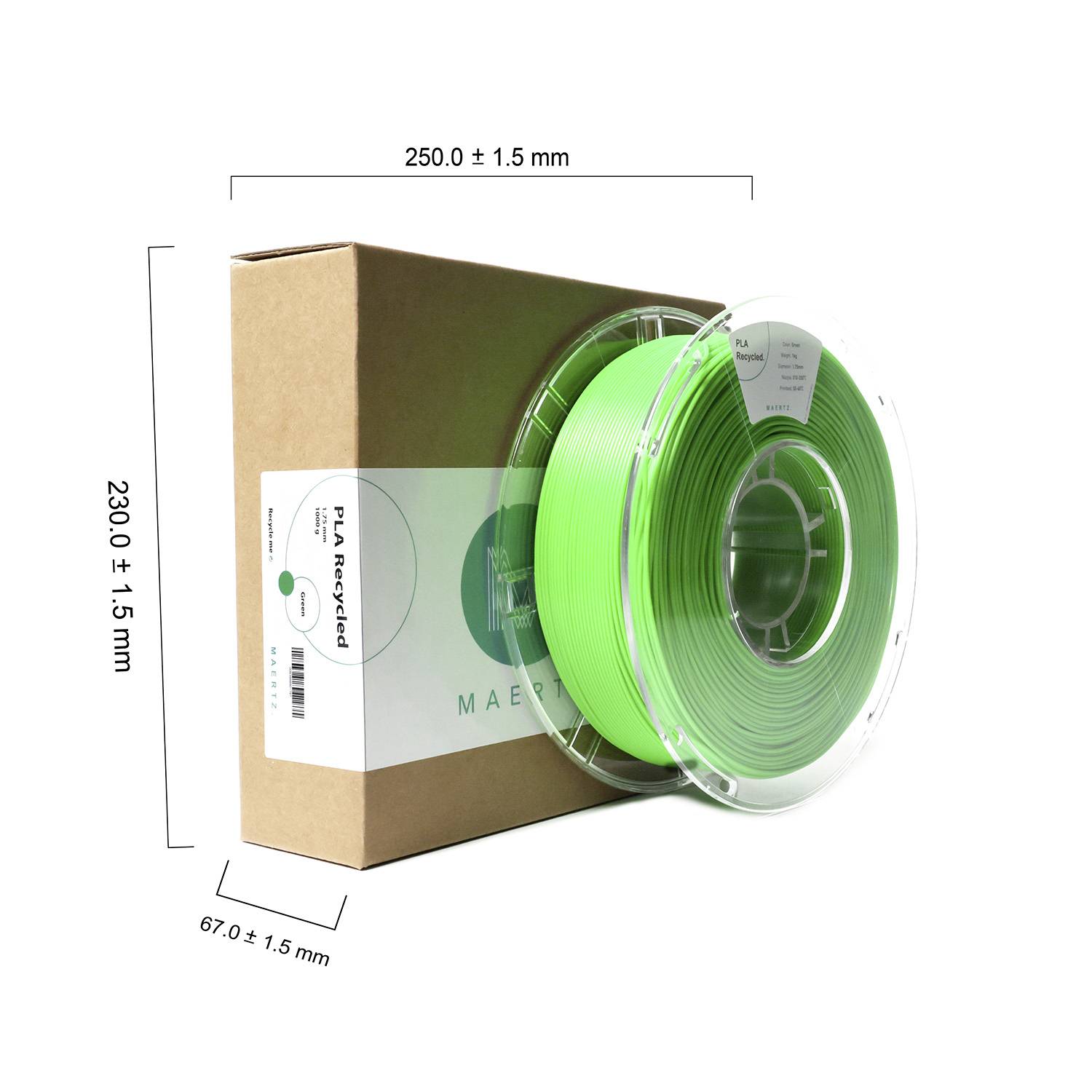 PLA-filament in lichtgroen op rol, verpakt in bruine kartonnen doos. Afmetingen: 250 mm x 230 mm x 67 mm. Etiket tekst: 'PLA Recycled', 1,75 mm.