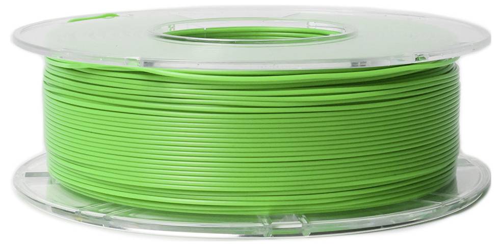 Groene filamentspoel voor 3D-printer, zijdelings weergegeven op een transparante kunststofdrager.