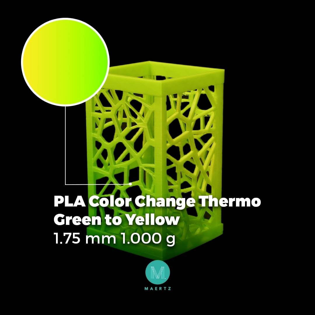 'PLA Kleurverandering Thermo Groen naar Geel, 1,75 mm 1.000 g' op zwarte achtergrond. Groene 3D-geprinte container, verandert naar geel.
