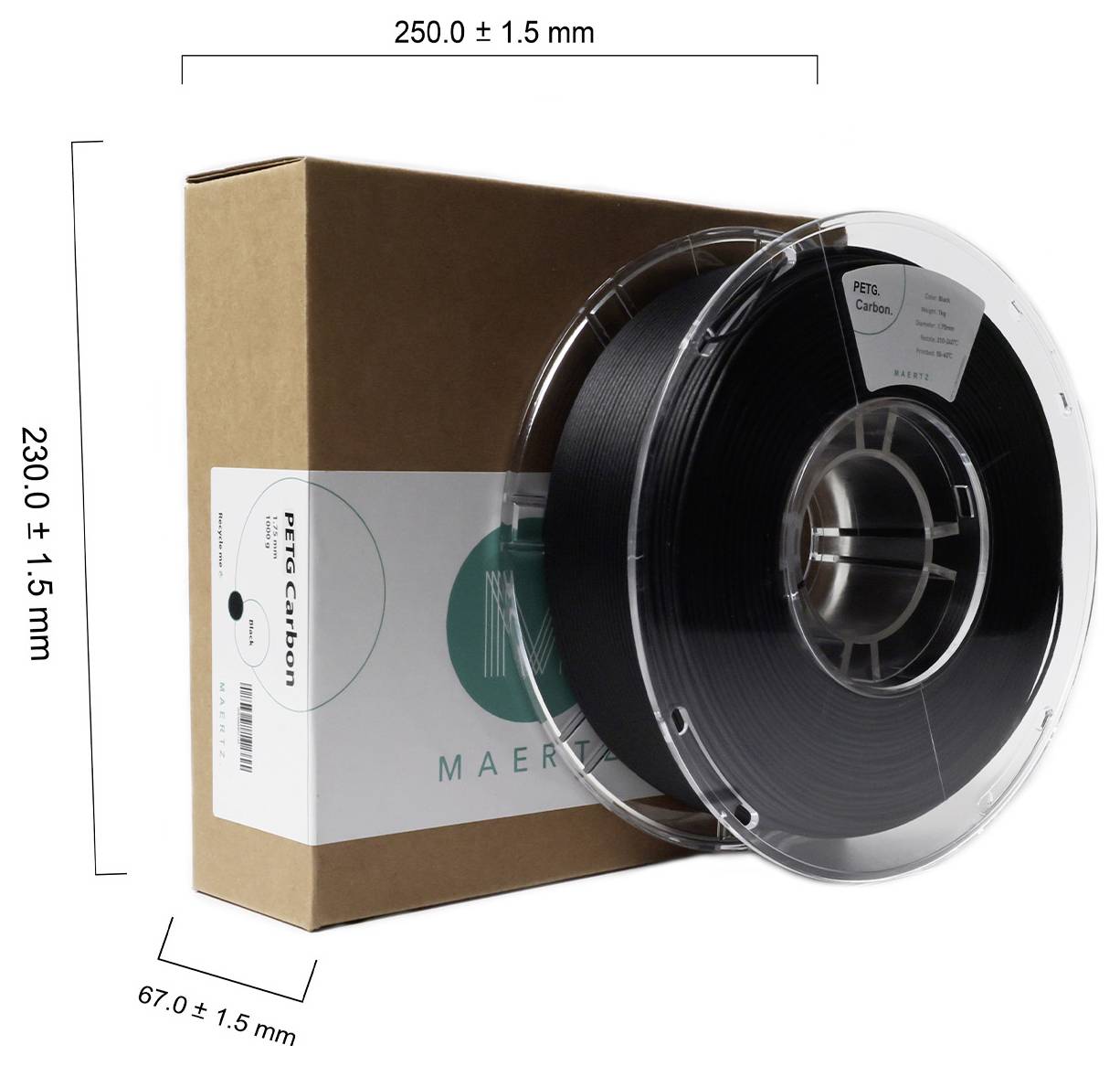 Een spoel zwart filament naast een bruine verpakking, met afmetingen: 250 mm breedte, 230 mm hoogte, 67 mm diepte. Gemarkeerd als PETG Carbon.