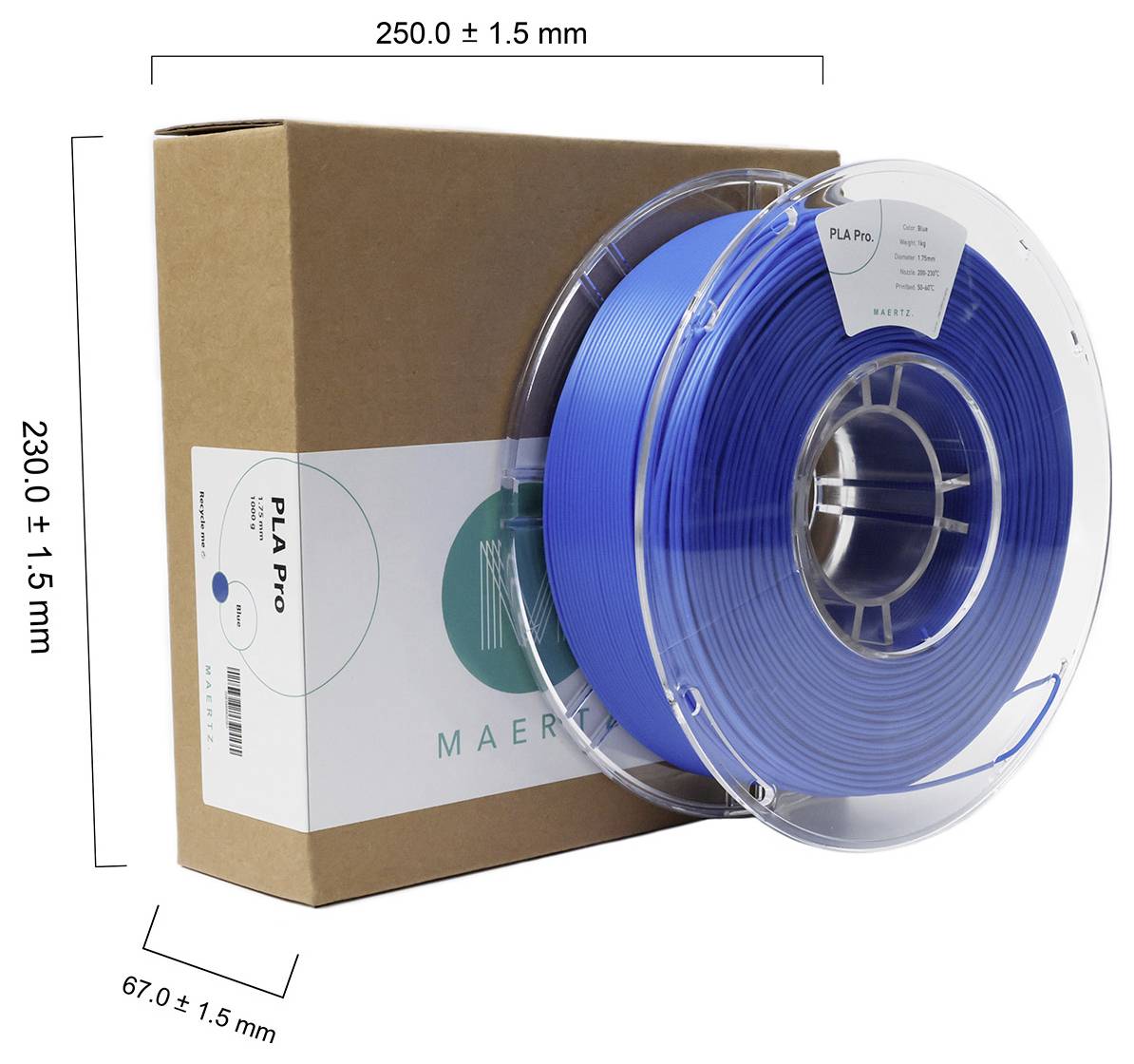 Een spoel blauw PLA-filament voor een kartonnen verpakking. Op de verpakking staan de afmetingen: 250 x 230 x 67 mm.