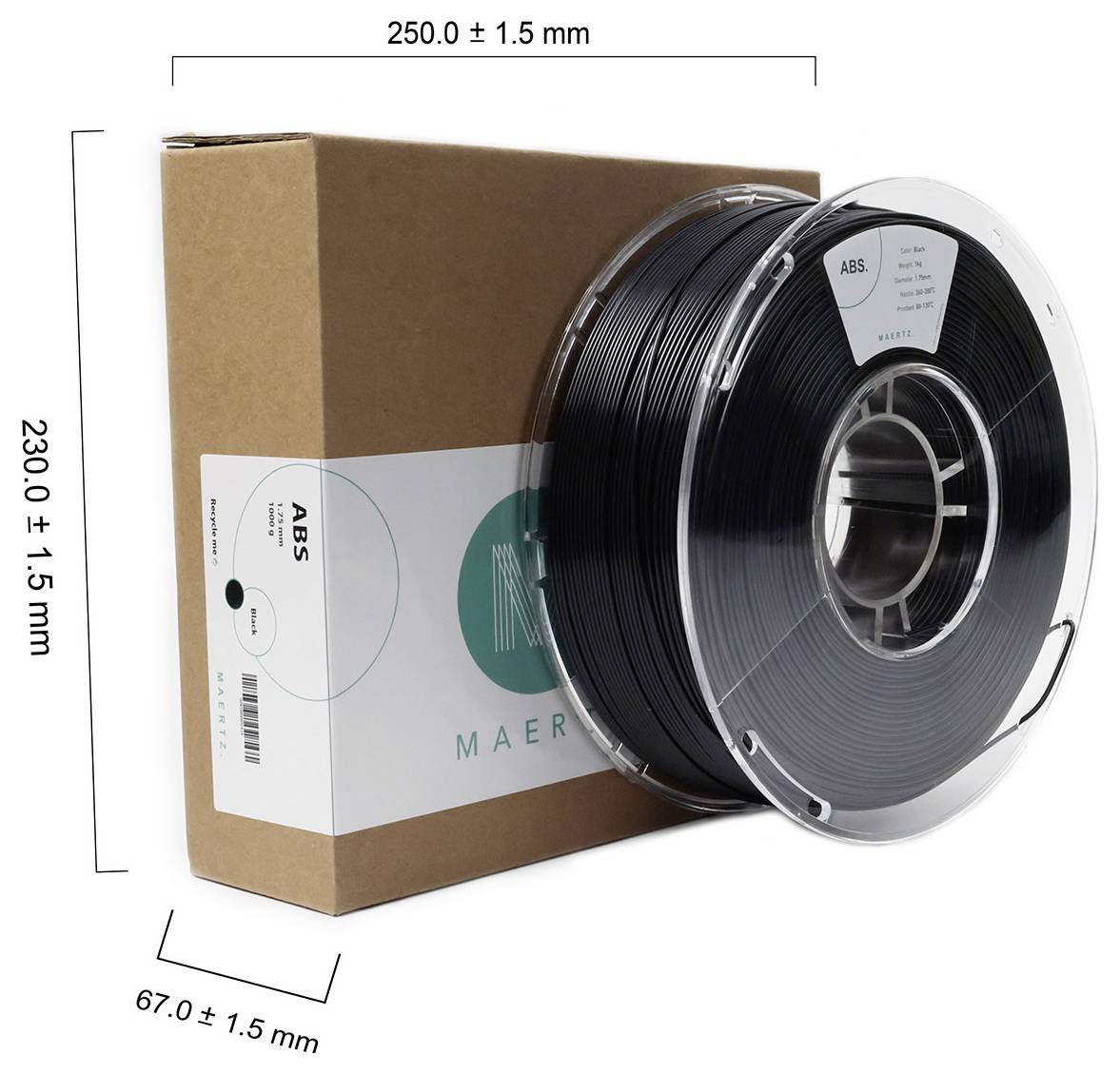 Zwarte ABS-filamentspoel naast een bruine verpakkingsdoos. Afmetingen: 230 x 250 x 67 mm.