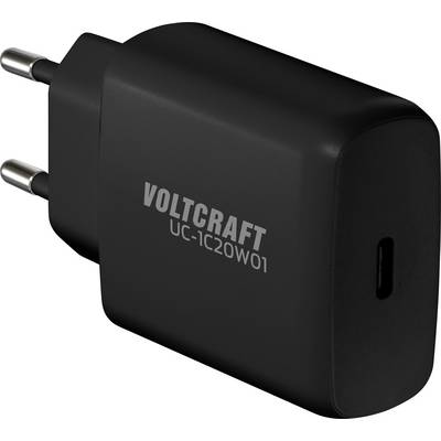 Zwart USB-oplaadapparaat met opschrift 'VOLTCraft UC-1C20W01', Europese stekker, zijaanzicht.