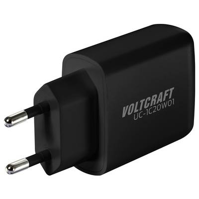 Zwart USB-oplaadapparaat met Eurostekker, gemerkt met 'Voltcraft UC-1C20W01', geschikt voor het opladen van elektronische apparaten.