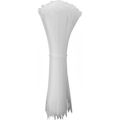 Een bundel witte kabelbinders, gelijkmatig gerangschikt, met een lengte van ongeveer 20 cm, geschikt voor het bundelen van kabels en voorwerpen.