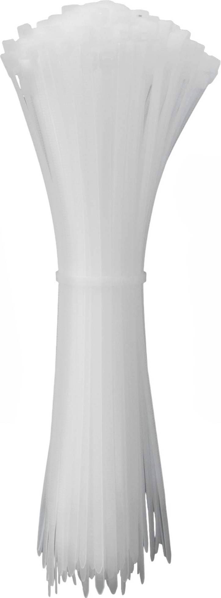 Een bundel witte kabelbinders staat rechtop. Ze worden aan één kant bijeengehouden en hebben puntige uiteinden.