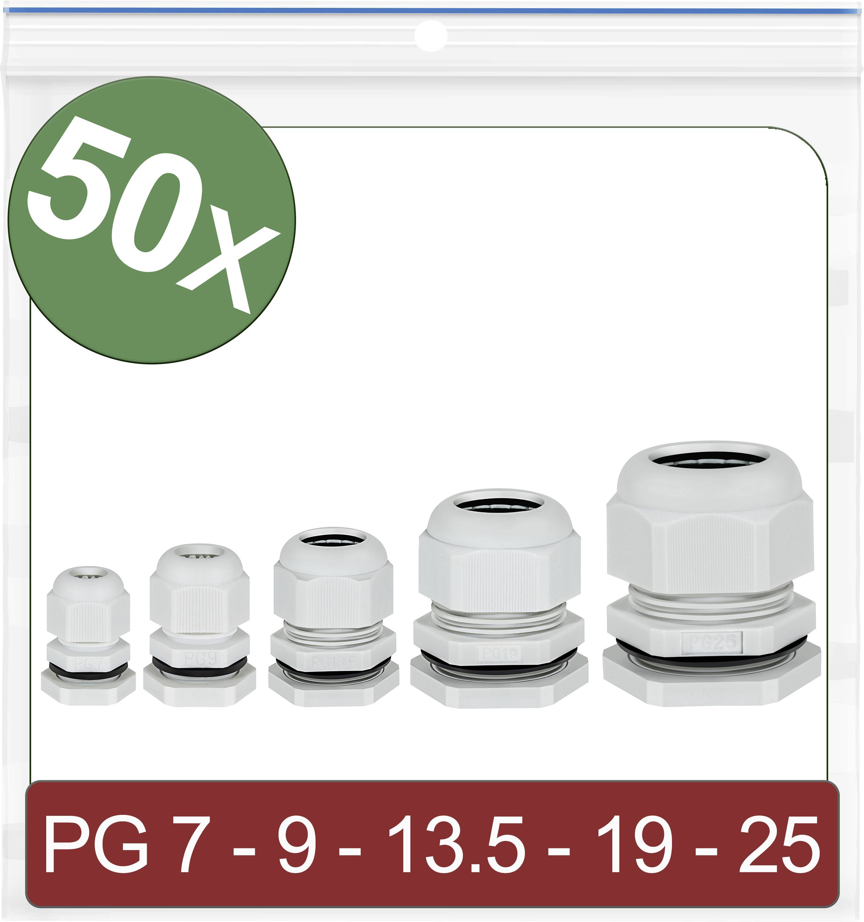 'Set van 50 kabelwartelsets in vijf maten: PG 7, 9, 13.5, 19 en 25. Geschikt voor veilige kabelbevestiging.'