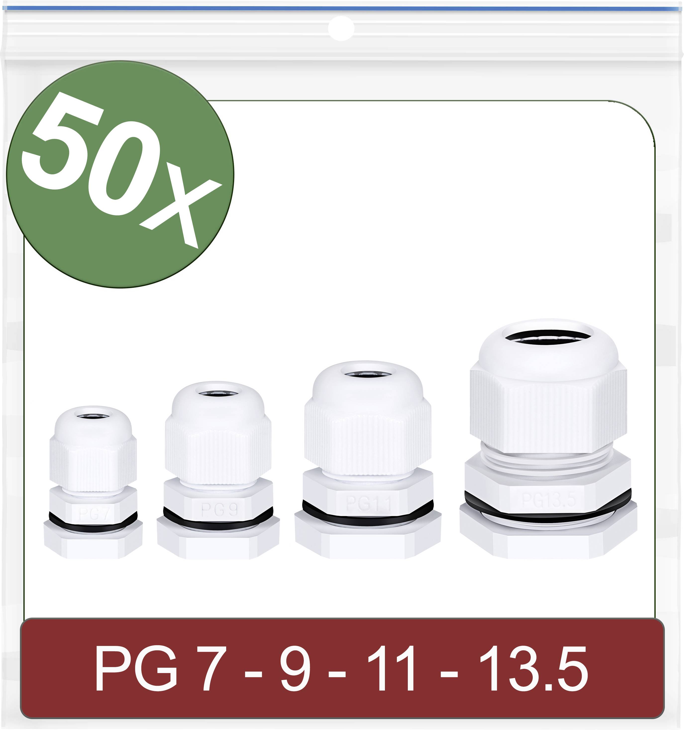 50 witte bevestigingsbouten in vier maten (PG 7, 9, 11, 13.5) weergegeven in verpakking.