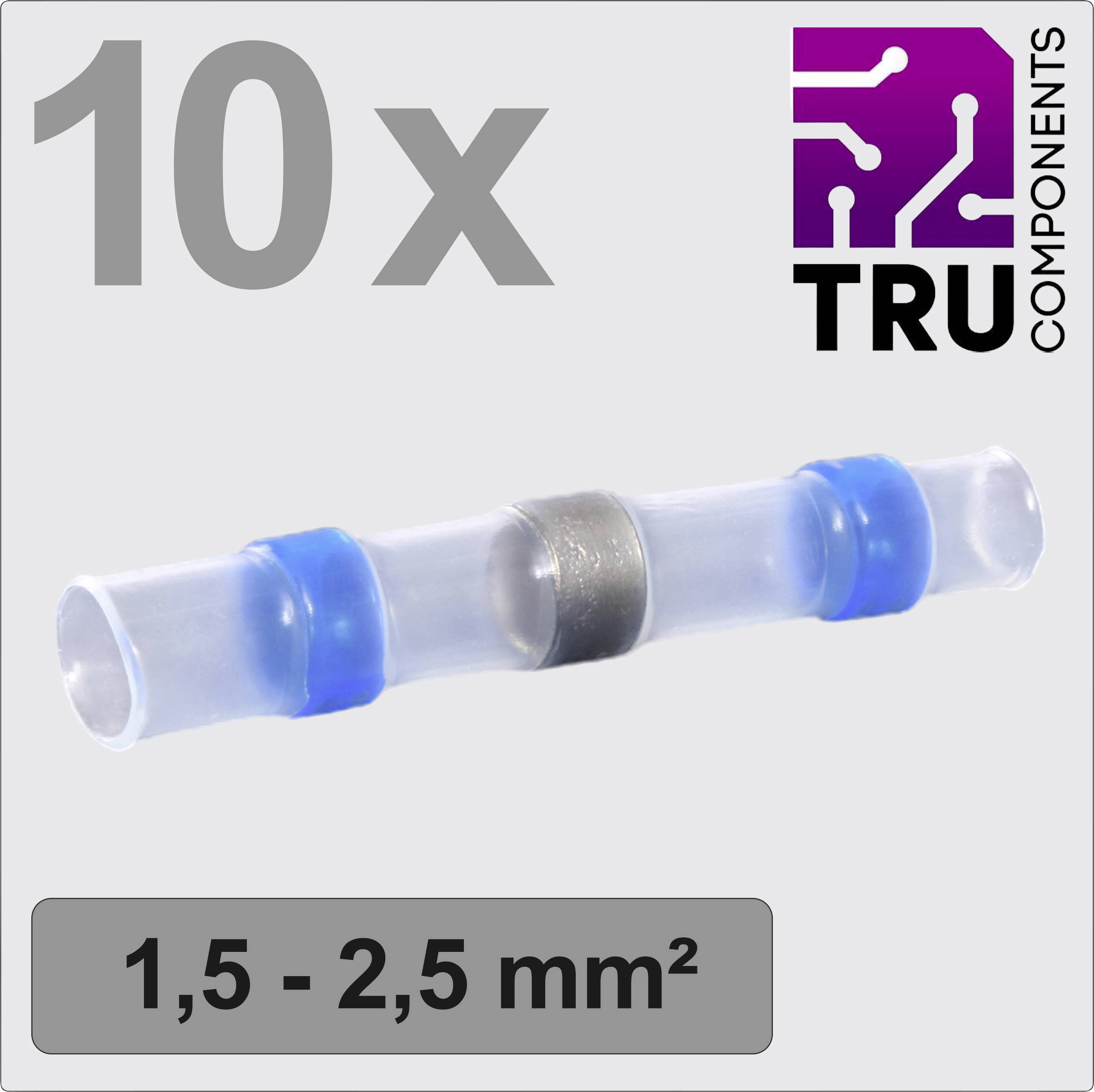 Verpakking van 10 krimpverbinders van TRU Components, geschikt voor kabeldoorsneden van 1,5 tot 2,5 mm², transparant met blauwe uiteinden.