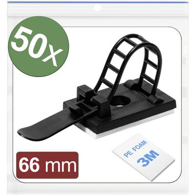 50 zwarte kabelbinders van kunststof, 66 mm lang, met kleefonderkant, geschikt voor kabelgeleiding en -organisatie. Verpakt in PE-schuim.