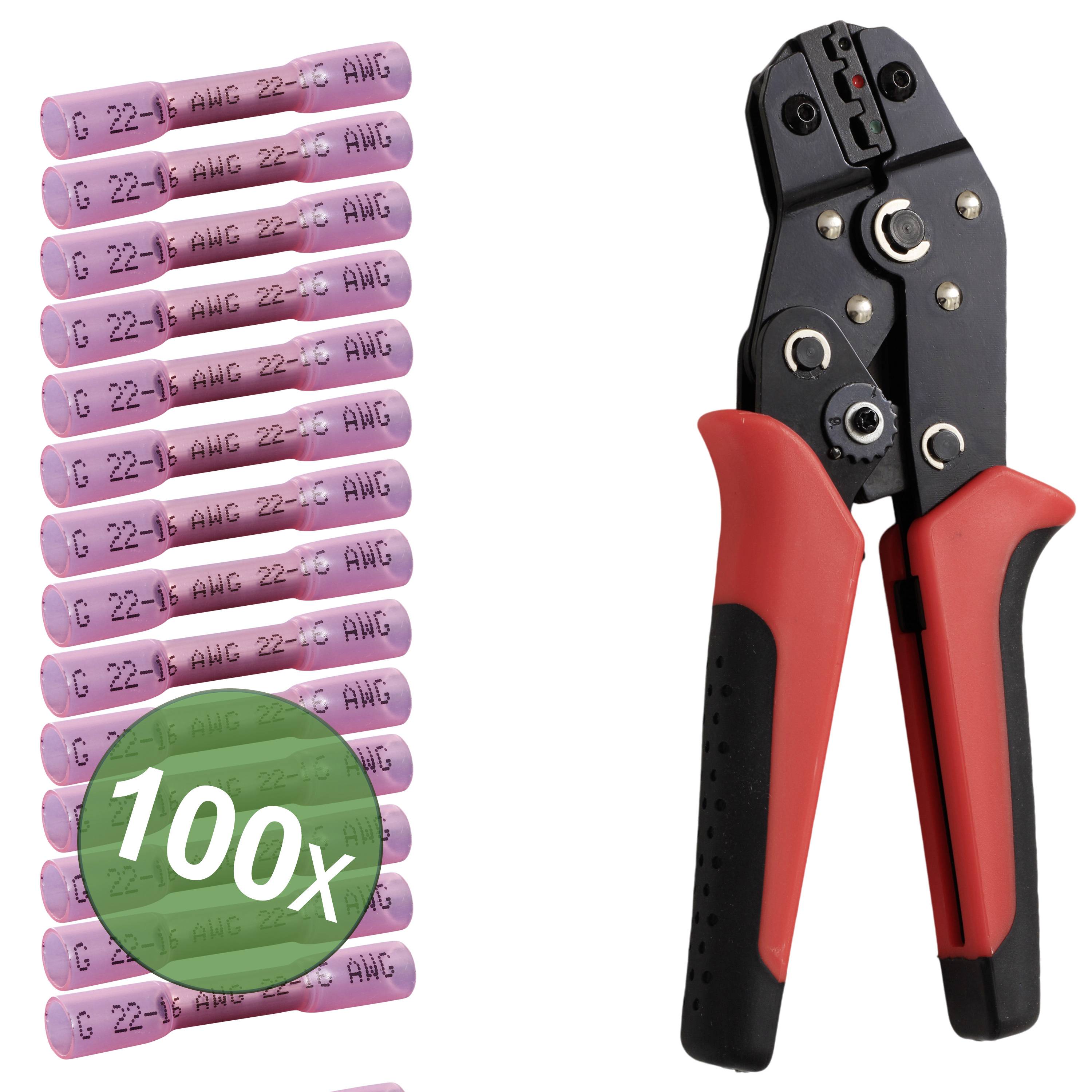 Krimptang met rode handgreep en een groep paarse crimphulzen met '22-16 AWG'. Een sticker met '100x' geeft het aantal hulzen aan.