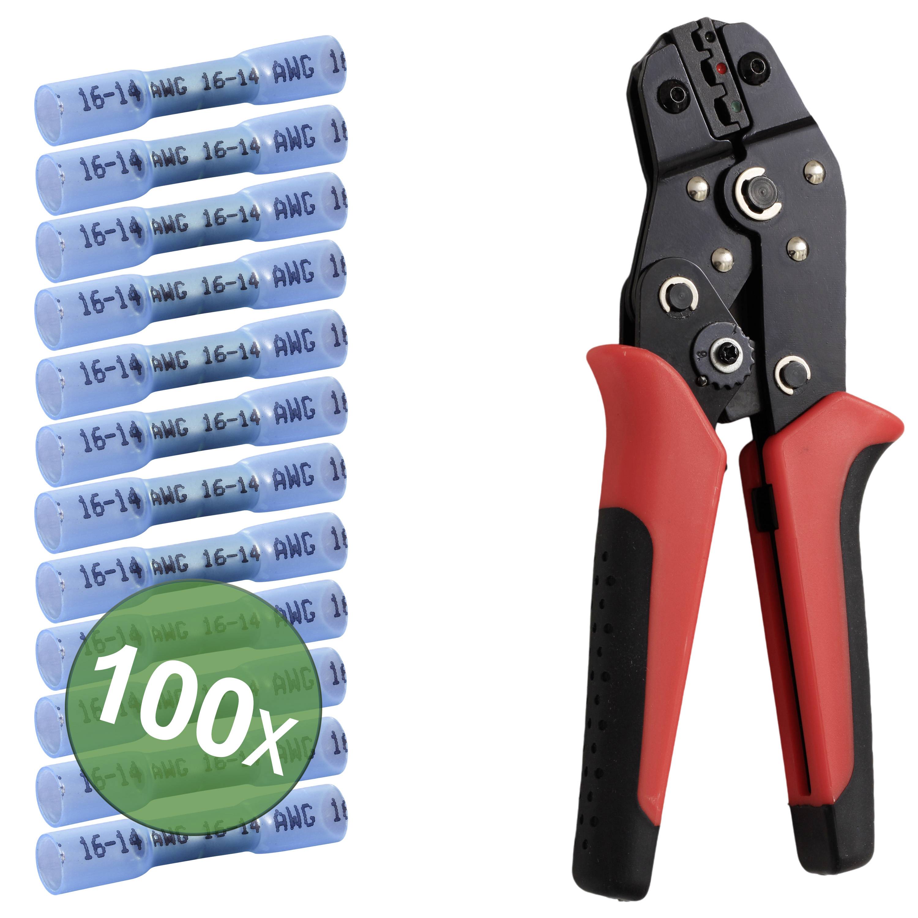 Krimptang met rode handgreep en een set blauwe kabelconnectoren '16-14 AWG', verpakt per 100 stuks.