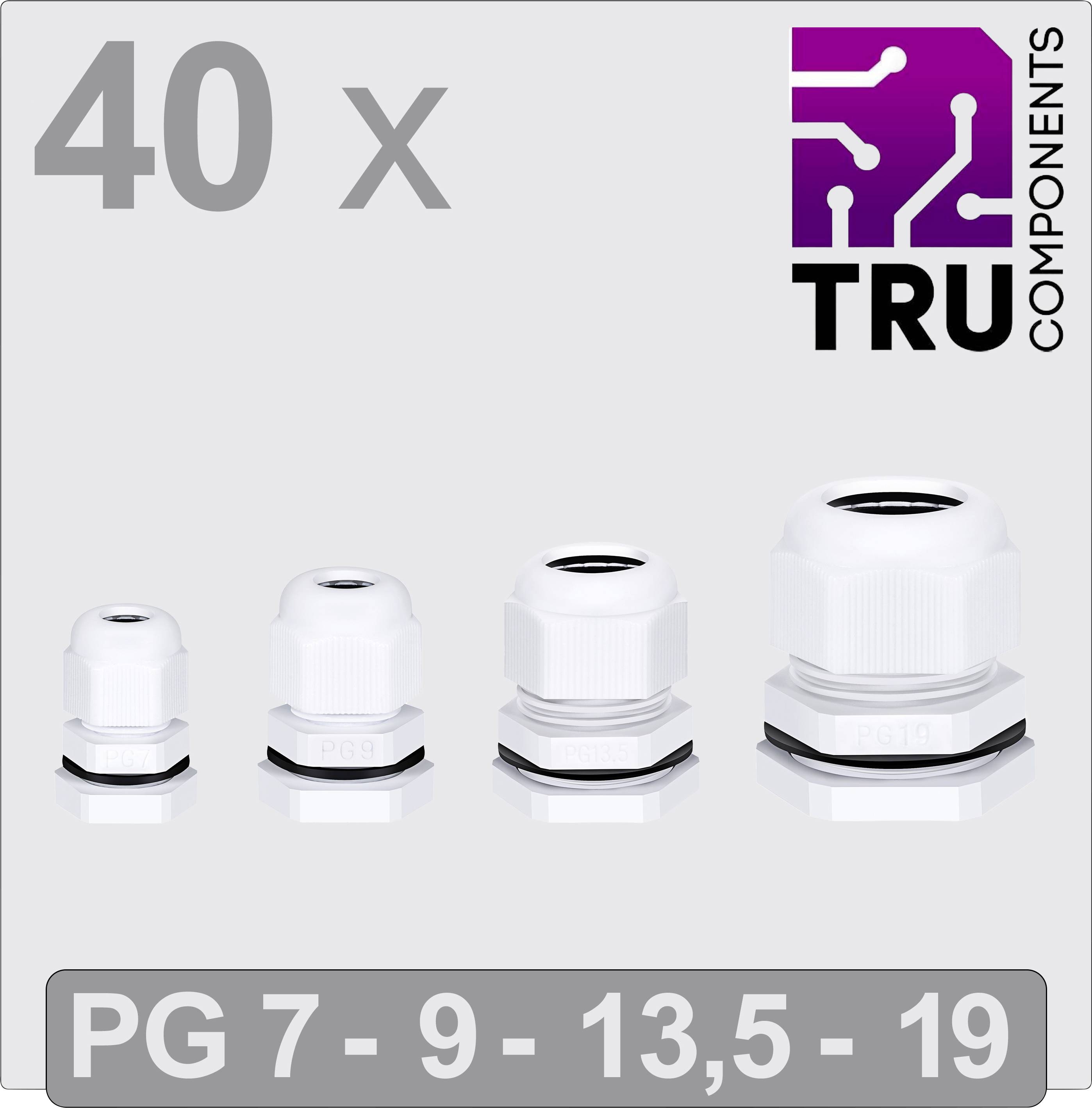 '40 x TRU COMPONENTS PG 7 - 9 - 13,5 - 19' Behuizingsdoorvoeren in verschillende formaten op grijze achtergrond, logo rechtsboven.