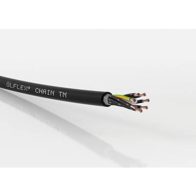 Zwart elektrisch kabel met de opdruk 'ÖLFLEX® CHAIN TM', meerdere koperen draden zichtbaar aan het open uiteinde.