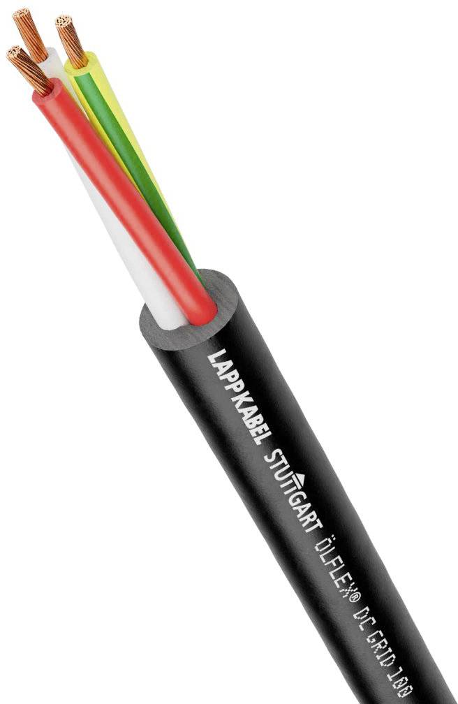 Een zwarte kabel met drie gekleurde koperen kernen (geel-groen, rood, wit). Opschrift: 'Lappkabel Stuttgart Ölflex 110'.