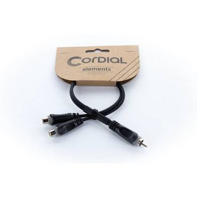 'Y-kabel van Cordial elements met drie aansluitingen: twee vrouwelijke en één mannelijke. Verpakking van karton, strak design.'