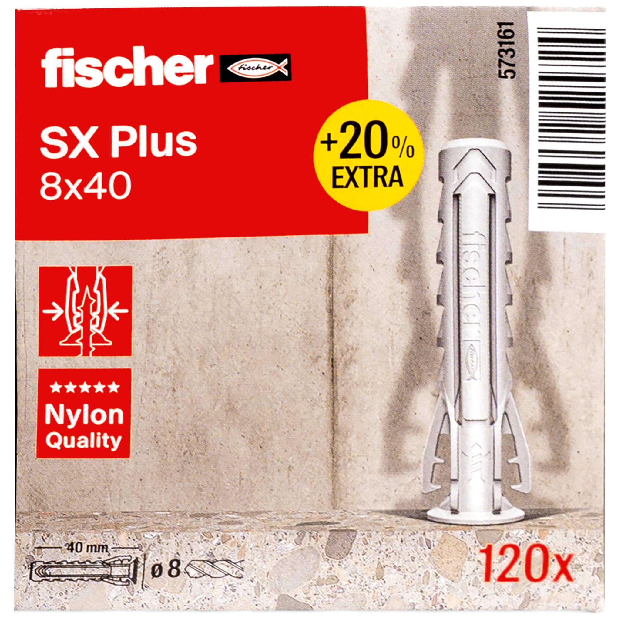 Productverpakking voor Fischer SX Plus 8x40 wandpluggen, met één anker afgebeeld, '+20% EXTRA', 'Nylon Kwaliteit', en '120x' aantal.